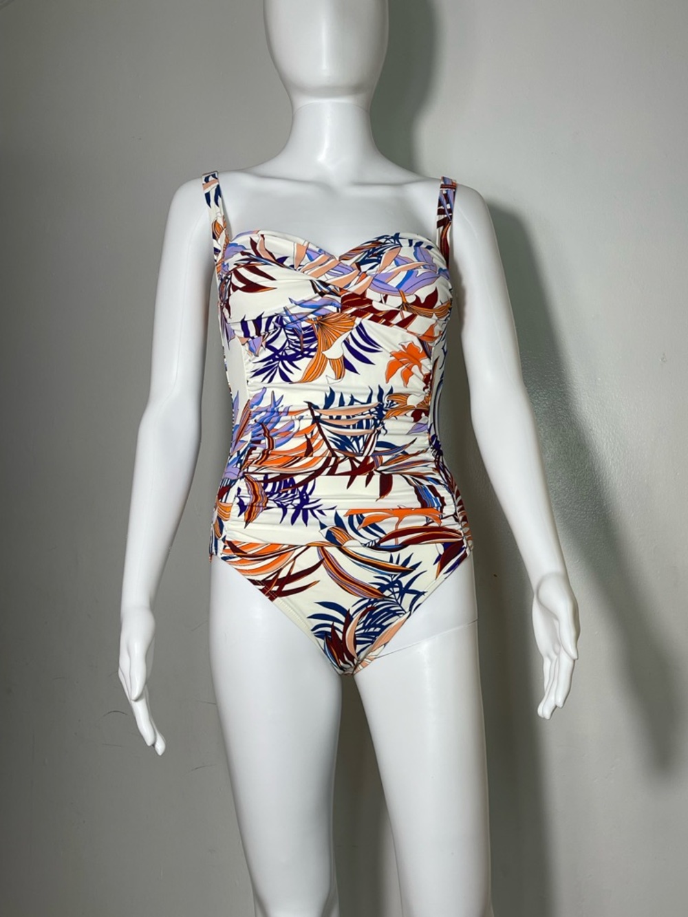 La Blanca Cream One-Piece Swimsuit with Orange & Blue Tropical Print Size 6